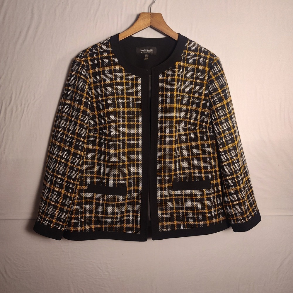 Black Label by Evan-Picone Womens Plaid Open Front Blazer Jacket Size 18 Yellow